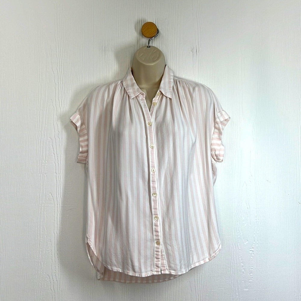 Madewell - Central Pink And White Soft Striped Button Down Rolled Sleeve Top SM